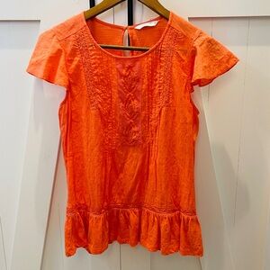 Lucky Brand Orange Ruffle Sleeve Top with embroidered accents size XS